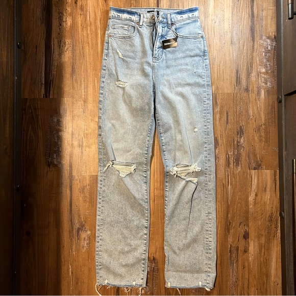 EXPRESS SUPER HIGH WAISTED RIPPED RAW HEM MODERN STRAIGHT JEANS NWT - Picture 9 of 11